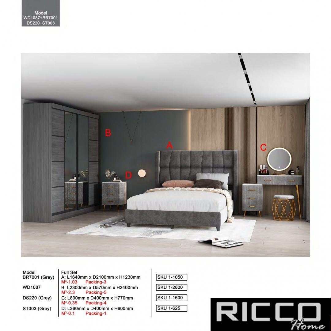 BEDROOM SET - WD1087 + BR7001 + DS220 (GREY) + ST003 ( GREY)