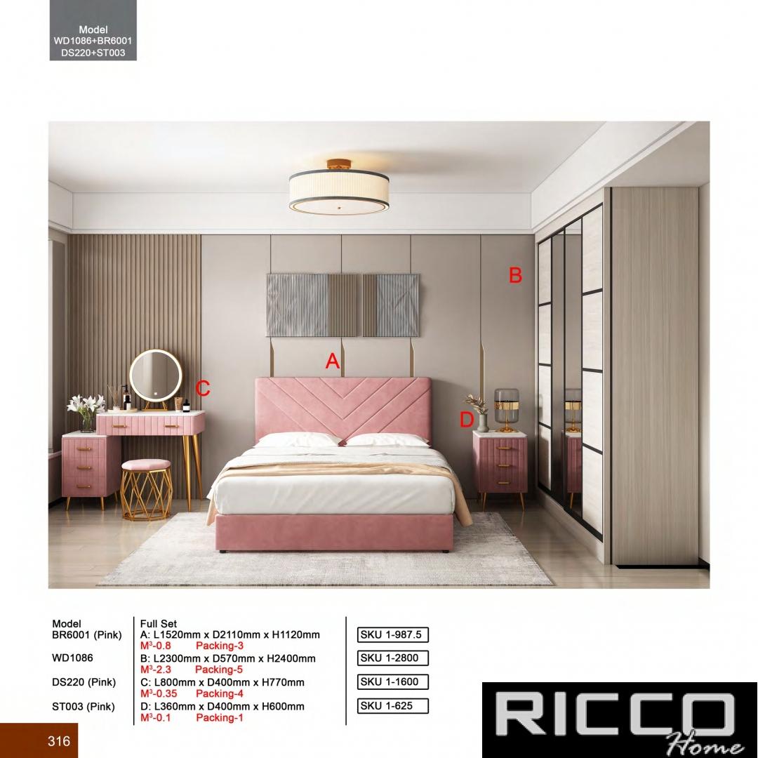 BEDROOM SET - WD1086 + BR6001 + DS220 (PINK) + ST003 ( PINK)